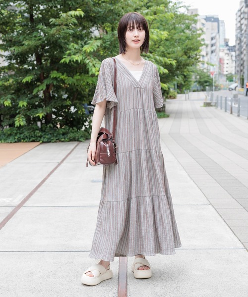 グレー 長袖 ティアード ワンピース 通気性&速乾性◎ピンタックが柔らかさをプラス コットン