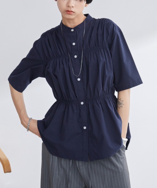 Aunt Marie's（アントマリーズ）の「ブロードシャーリングハーフスリーブトップス/ブラウス/シャツ（シャツ/ブラウス・レディース・ブルー/ホワイト/ネイビー・FREE）」の3枚目の写真