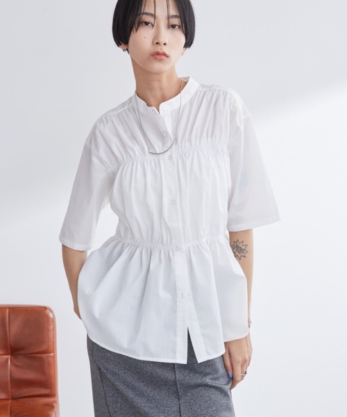 Aunt Marie's（アントマリーズ）の「ブロードシャーリングハーフスリーブトップス/ブラウス/シャツ（シャツ/ブラウス・レディース・ブルー/ホワイト/ネイビー・FREE）」の6枚目の写真