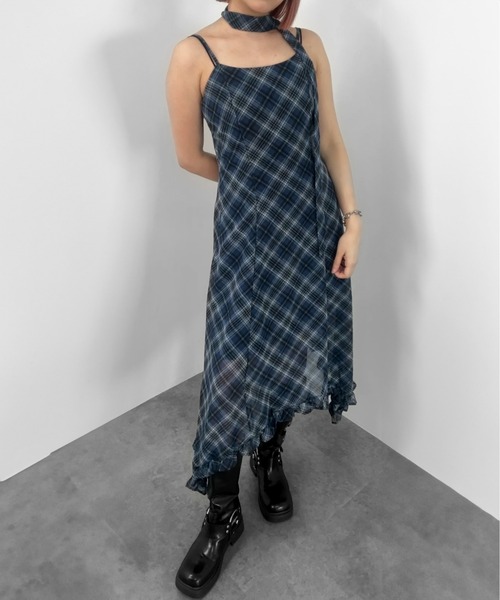 00s TRALALA ビスチェ風 モノトーンチェック柄フリルキャミワンピ ♢マフラー付きチェック柄フリルキャミワンピース #jiasecond