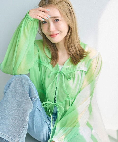 coca（coca）（コカ）の「シアーリボンギャザーブラウス（シャツ/ブラウス・レディース・チャコール/アイボリー/グレイッシュベージュ/グリーン・L/M）」の2枚目の写真