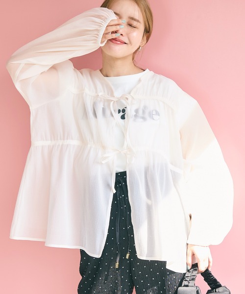 coca（coca）（コカ）の「シアーリボンギャザーブラウス（シャツ/ブラウス・レディース・チャコール/アイボリー/グレイッシュベージュ/グリーン・L/M）」の12枚目の写真