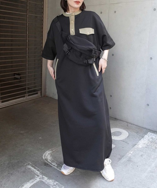 CORNERS(コーナーズ)の「スウェットヘンリーネックワンピース(ワンピース・レディース・オートミール/ネイビー/ブラック×カーキ/ベージュ系/ブラック・M/L)」の3枚目の写真
