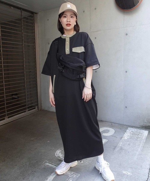 CORNERS(コーナーズ)の「スウェットヘンリーネックワンピース(ワンピース・レディース・オートミール/ネイビー/ブラック×カーキ/ベージュ系/ブラック・M/L)」の12枚目の写真