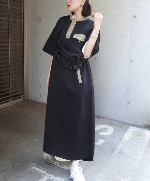 CORNERS(コーナーズ)の「スウェットヘンリーネックワンピース(ワンピース・レディース・オートミール/ネイビー/ブラック×カーキ/ベージュ系/ブラック・M/L)」の13枚目の写真