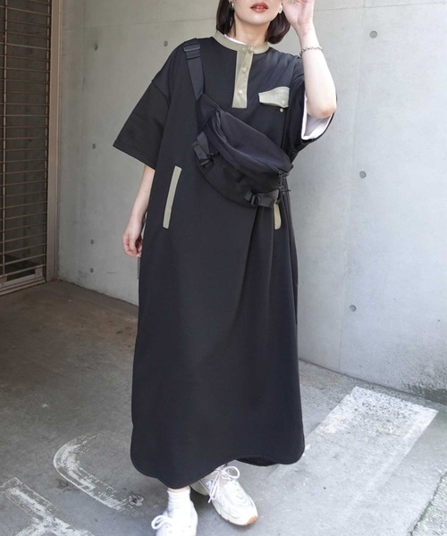 CORNERS(コーナーズ)の「スウェットヘンリーネックワンピース(ワンピース・レディース・オートミール/ネイビー/ブラック×カーキ/ベージュ系/ブラック・M/L)」の16枚目の写真
