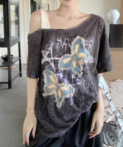 セール】半袖ワンショルデニムハリツケトップス（Tシャツ