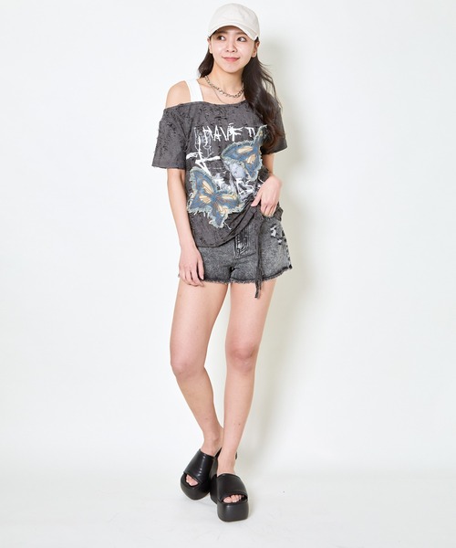 GORGE（ゴージ）の「《デニム蝶×ワンショル風》クラッシュTシャツ／個性派エモ映え（Tシャツ/カットソー・レディース・ベージュ/チャコール/オフホワイト・F）」の7枚目の写真