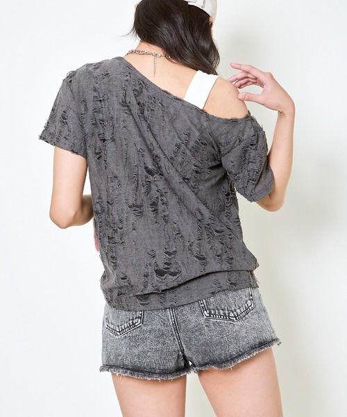 GORGE（ゴージ）の「《デニム蝶×ワンショル風》クラッシュTシャツ／個性派エモ映え（Tシャツ/カットソー・レディース・ベージュ/チャコール/オフホワイト・F）」の13枚目の写真