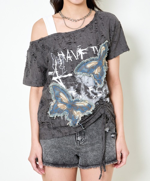 GORGE（ゴージ）の「《デニム蝶×ワンショル風》クラッシュTシャツ／個性派エモ映え（Tシャツ/カットソー・レディース・ベージュ/チャコール/オフホワイト・F）」の14枚目の写真