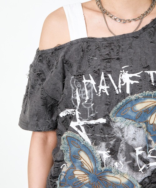 GORGE（ゴージ）の「《デニム蝶×ワンショル風》クラッシュTシャツ／個性派エモ映え（Tシャツ/カットソー・レディース・ベージュ/チャコール/オフホワイト・F）」の17枚目の写真