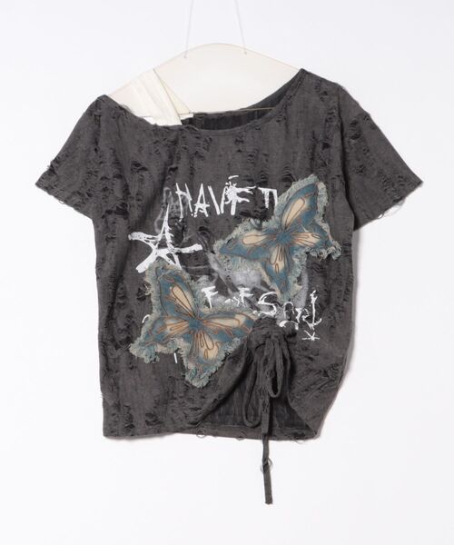 GORGE（ゴージ）の「《デニム蝶×ワンショル風》クラッシュTシャツ／個性派エモ映え（Tシャツ/カットソー・レディース・ベージュ/チャコール/オフホワイト・F）」の22枚目の写真