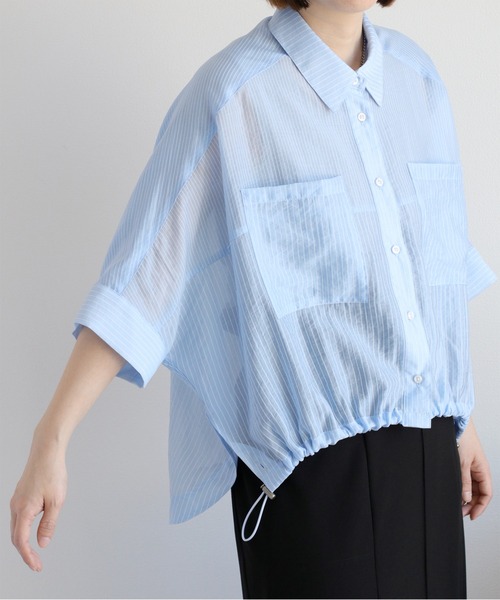 cepo(セポ)の「程よい透け感とふんわりシルエット♪〈イージーケア〉シアーミックスドルマンスリーブドロストシャツ(シャツ/ブラウス・レディース・オフホワイト/オレンジ/ベージュ/ピンク/サックスブルー/ブラック/モカ/ブラウン・M)」の18枚目の写真