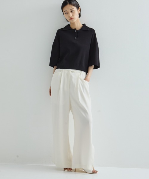 STUDIOUS（ステュディオス）の「【STUDIOUS/ステュディオス】BACK SATIN SIDE SLIT PANTS/バックサテンサイドスリットパンツ（その他パンツ・レディース・ブラック/ホワイト・1/2）」の6枚目の写真