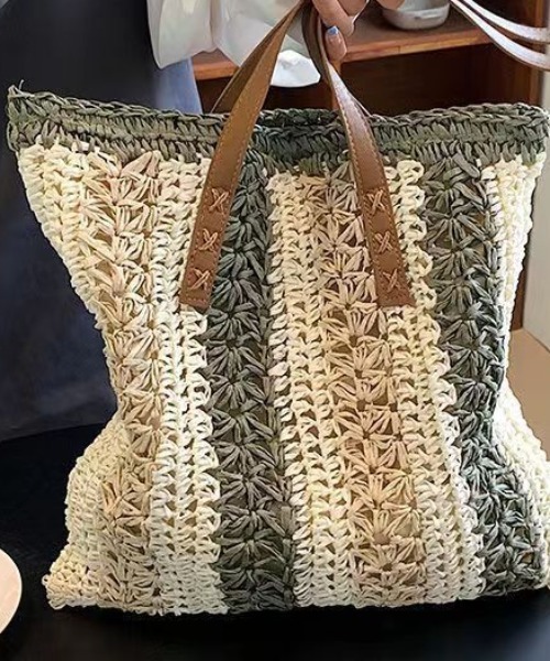 Per sist ence（パーシエンス）の「雑材編みストライプA4トートバッグ/フェイクレザーハンドル（トートバッグ・レディース・ベージュ/グリーン/ブラウン・FREE）」の18枚目の写真