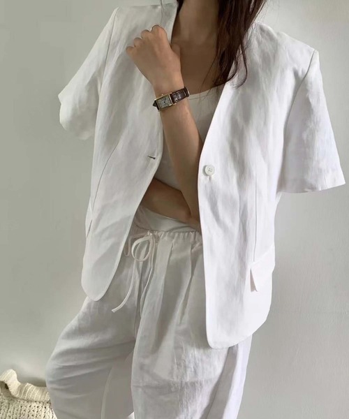 LAFFMO（ラフモ）の「セットアップ リネンライクノーカラー半袖ジャケット＆ワイドパンツ（セットアップ・レディース・ブラック/ホワイト/グリーン・F）」の4枚目の写真