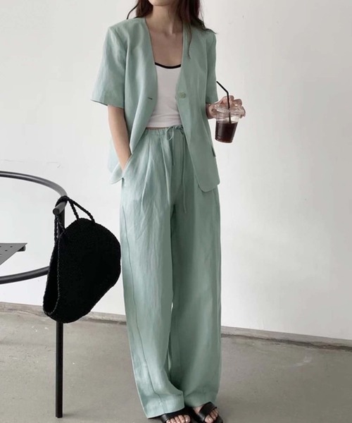 LAFFMO（ラフモ）の「セットアップ リネンライクノーカラー半袖ジャケット＆ワイドパンツ（セットアップ・レディース・ブラック/ホワイト/グリーン・F）」の10枚目の写真