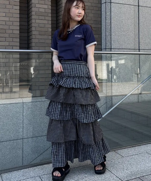 スカート Treaturself Rosemotifribbontulleskirt シアーストライプリボン接ぎフレアスカート(F オフストライプ