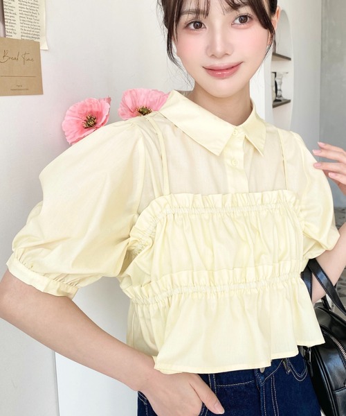 セール】無地＆マルチストライプフリルビスチェセット半袖シャツ