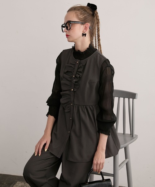 BONLECILL noir（ボンルシールノワール）の「【BONLECILL noir】ペプラムフリルジレ＆アシメスリットスラックス（パンツドレス・レディース・ネイビー/チャコールグレー/ブラック・L/M）」の20枚目の写真