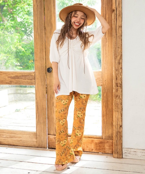 anap mimpi（アナップミンピ）の「レトロ フラワー ワッフル フレア 裾メロウ パンツ（その他パンツ・レディース・ミント/オレンジ・FREE）」の8枚目の写真