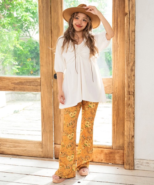 anap mimpi（アナップミンピ）の「レトロ フラワー ワッフル フレア 裾メロウ パンツ（その他パンツ・レディース・ミント/オレンジ・FREE）」の9枚目の写真