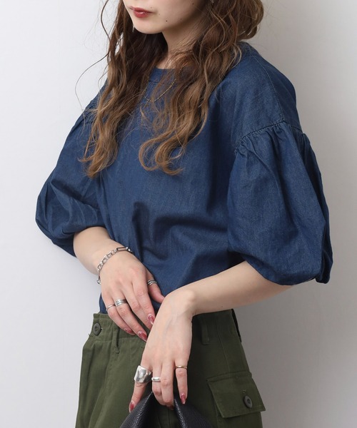 atONE(アットワン)の「エアリーデニム 袖パフスリーブシャツ(Tシャツ/カットソー・レディース・ワンウォッシュ/ネイビー・LL~3L/M-L/4L~5L)」の3枚目の写真