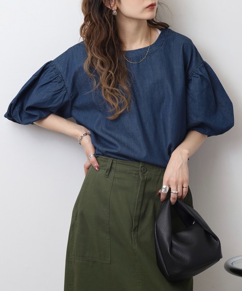 atONE(アットワン)の「エアリーデニム 袖パフスリーブシャツ(Tシャツ/カットソー・レディース・ワンウォッシュ/ネイビー・LL~3L/M-L/4L~5L)」の6枚目の写真