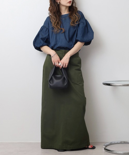 atONE(アットワン)の「エアリーデニム 袖パフスリーブシャツ(Tシャツ/カットソー・レディース・ワンウォッシュ/ネイビー・LL~3L/M-L/4L~5L)」の7枚目の写真