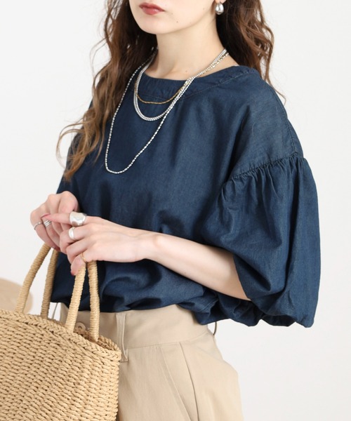 atONE(アットワン)の「エアリーデニム 袖パフスリーブシャツ(Tシャツ/カットソー・レディース・ワンウォッシュ/ネイビー・LL~3L/M-L/4L~5L)」の10枚目の写真