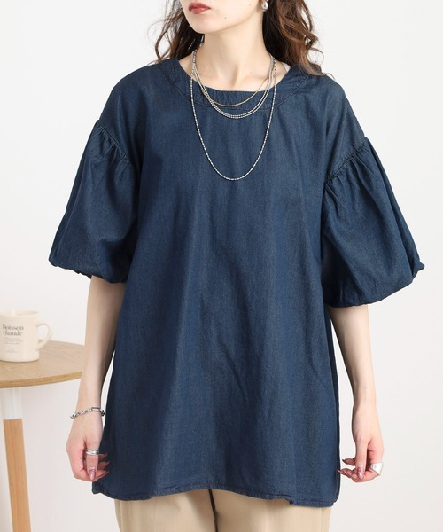 atONE(アットワン)の「エアリーデニム 袖パフスリーブシャツ(Tシャツ/カットソー・レディース・ワンウォッシュ/ネイビー・LL~3L/M-L/4L~5L)」の13枚目の写真