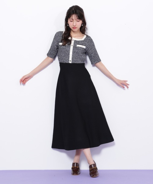 美品⭐️Reflect、ジャケット+ワンピース、シルク混ツイード生地、42_XL ◇ミックスツイード切替ニットワンピース（ワンピース）｜JILL