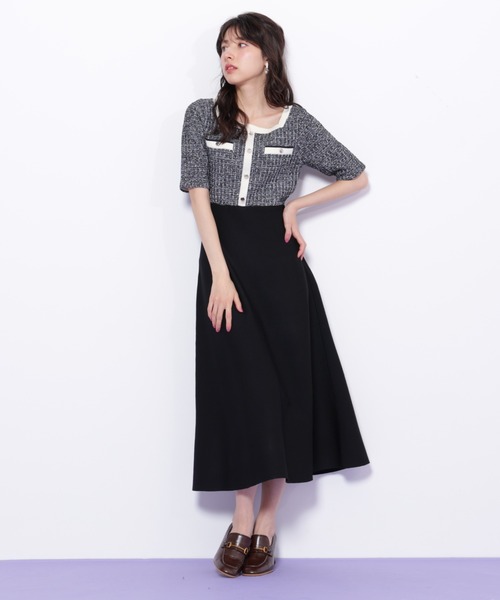 セオリー【異素材mix／ニット×ツイード】タートルネック＆ベルテッドワンピース リゼクシー RESEXXY バイカラーツイードニットワンピース （BLK