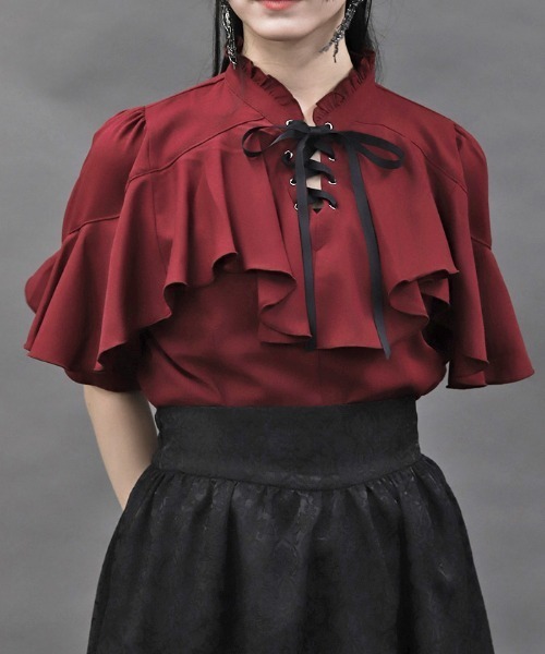 axes femme POETIQUE（アクシーズファムポエティック）の「レースアップラッフルブラウス（シャツ/ブラウス・レディース・ブラック/ワイン/ホワイト・MEDIUM）」の3枚目の写真
