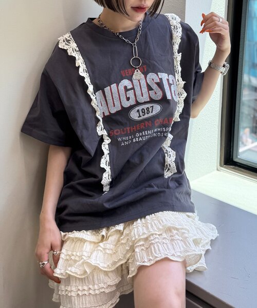 w closet(ダブルクローゼット)の「ロゴレースリメイクTシャツ(Tシャツ/カットソー・レディース・イエロー/ブラック/オフホワイト・FREE)」の3枚目の写真
