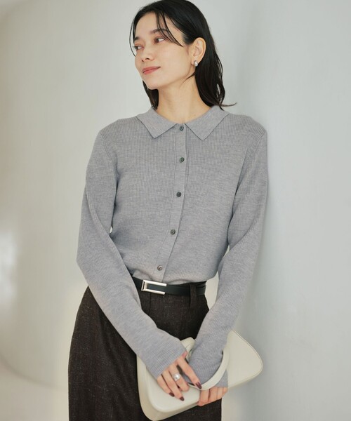 新品未使用Bluelea Jacquardskirt グレー 40 ウール エリツキ ニット カーディガン ウォッシャブル（カーディガン