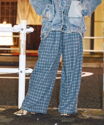 rough&swell チェック柄パンツ ダークブルー/グリーン ブルー チェック柄ウール製パンツ ウエストにドローストリング