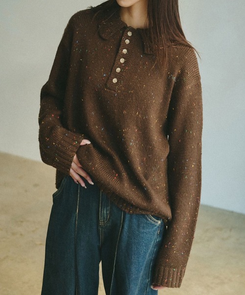 INTER FACTORY(インターファクトリー)の「emuniem by.ゆいか - ネップニットポロシャツ(ポロシャツ・レディース・ブラウン/ベージュ・MEDIUM/LARGE)」の12枚目の写真