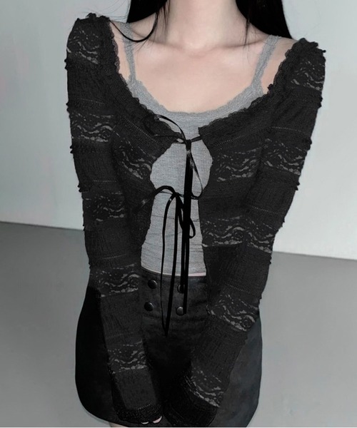 gossip!ロサンゼルス(ゴシップロサンゼルス)の「総レース オフショルダーリボン ニットカーディガン Y2K /AW25(Tシャツ/カットソー・レディース・ブラック・FREE)」の5枚目の写真