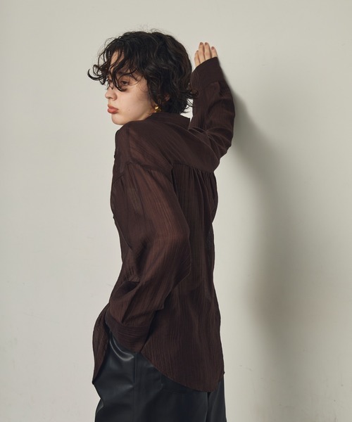 墨黒×ベージュブラウン　小花柄シルクシャツブラウス2枚&シルクロングスカート crinkle crinkle crinkle｜ブラウス シアーシャツ ドット柄 刺繍
