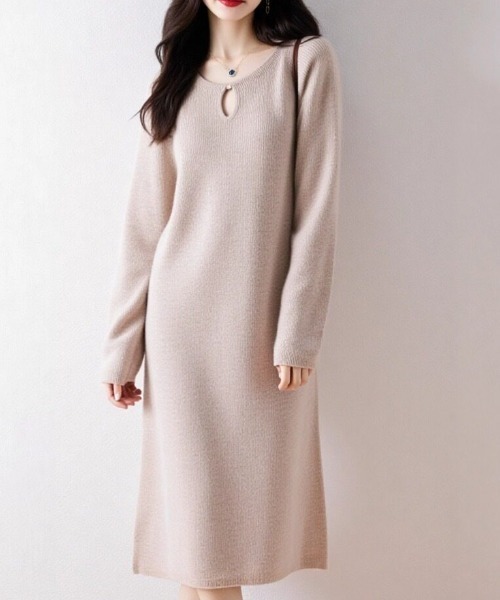 cammie（キャミー）の「パールライク涙開きネックリブワンピース（ワンピース・レディース・キャメル/ベージュ/カーキ/アイボリー・F）」の8枚目の写真