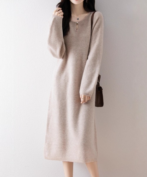 cammie（キャミー）の「パールライク涙開きネックリブワンピース（ワンピース・レディース・キャメル/ベージュ/カーキ/アイボリー・F）」の9枚目の写真