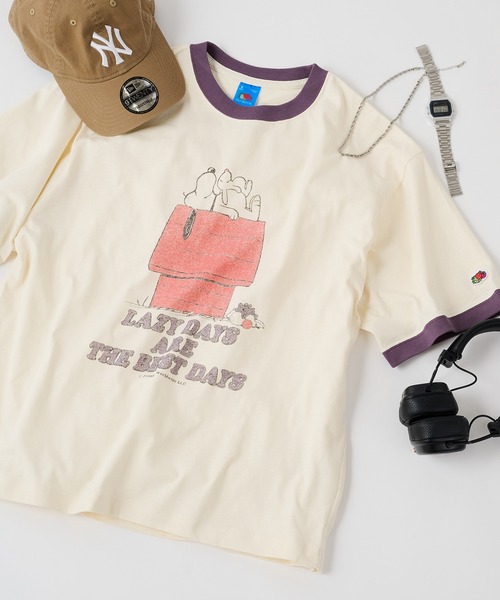FRUIT OF THE LOOM（フルーツオブザルーム）の「【FRUIT OF THE LOOM】FRUIT OF THE LOOM x PEANUTS スヌーピー ヴィンテージ風リンガーTシャツ（Tシャツ/カットソー・レディース・チャコールグレー/ピンク/パープル/サックスブルー・S/M/L）」の4枚目の写真