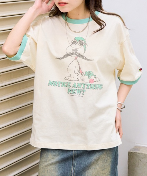 FRUIT OF THE LOOM（フルーツオブザルーム）の「【FRUIT OF THE LOOM】FRUIT OF THE LOOM x PEANUTS スヌーピー ヴィンテージ風リンガーTシャツ（Tシャツ/カットソー・レディース・チャコールグレー/ピンク/パープル/サックスブルー・S/M/L）」の3枚目の写真