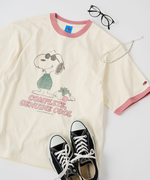 FRUIT OF THE LOOM（フルーツオブザルーム）の「【FRUIT OF THE LOOM】FRUIT OF THE LOOM x PEANUTS スヌーピー ヴィンテージ風リンガーTシャツ（Tシャツ/カットソー・レディース・チャコールグレー/ピンク/パープル/サックスブルー・S/M/L）」の5枚目の写真