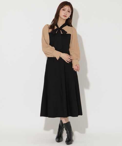 AND COUTURE(アンドクチュール)の「ニットビスチェ風リボンタイワンピース(ワンピース・レディース・ネイビー/ブラック・FREE)」の1枚目の写真