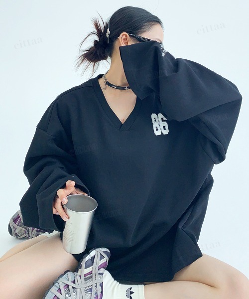 韓国ファッション 86刺繍デザインVネックスウェット（スウェット