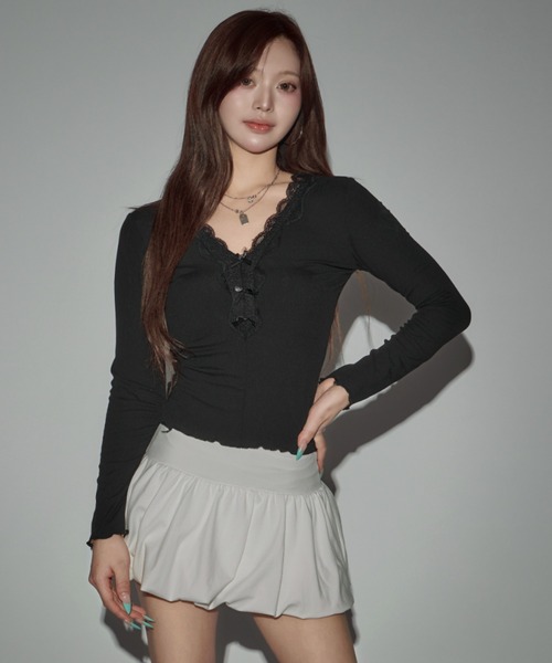 CeLess(セレス)の「Frill Lace Ribbon Tops / フリルレースリボントップス(シャツ/ブラウス・レディース・ホワイト/ブラック・FREE)」の2枚目の写真
