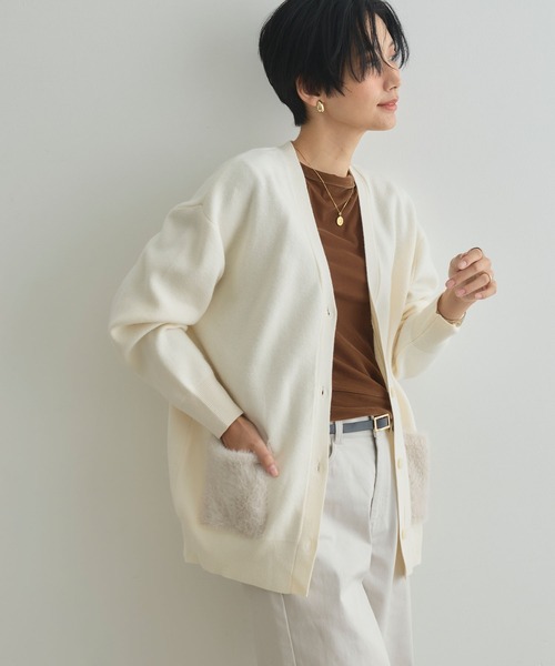 CROSS FUNCTION（クロスファンクション）の「《洗える》サマ美え ファーポケットVネックカーディガン【CROSS FUNCTION/クロスファンクション】（カーディガン/ボレロ・レディース・チャコールグレー/オフホワイト/グレイッシュベージュ・M/LL/L）」の15枚目の写真