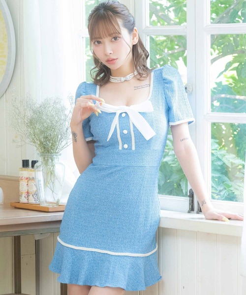 キャバドレス 韓国 ミニ タイト 半袖 ストレッチ ネックリボン パフスリーブ 裾フリル スクエアネック パイピング レースドレス キャバワンピ